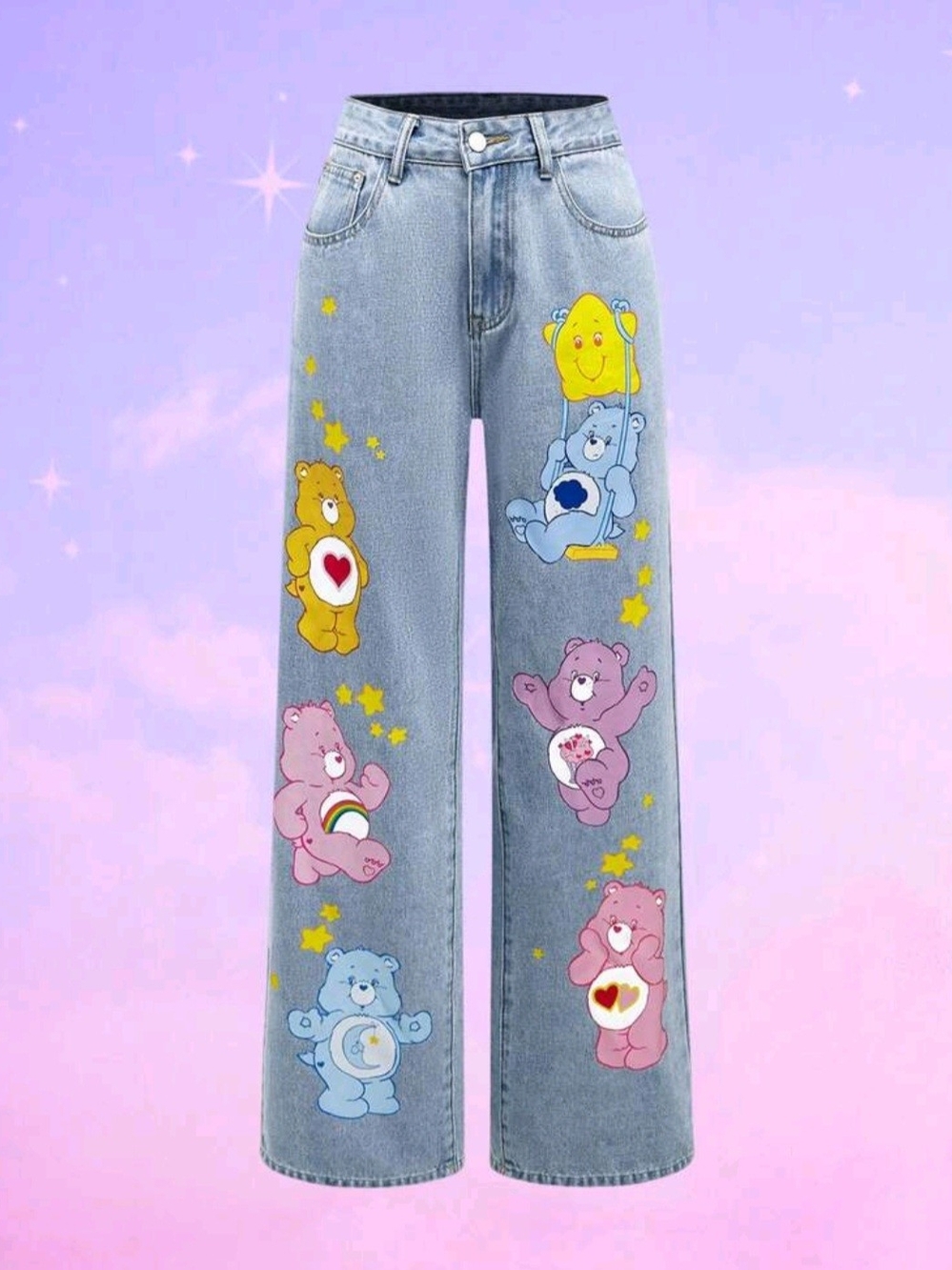 Light Blue Denim Wide-Leg Jeans with Colorful Care Bear Print